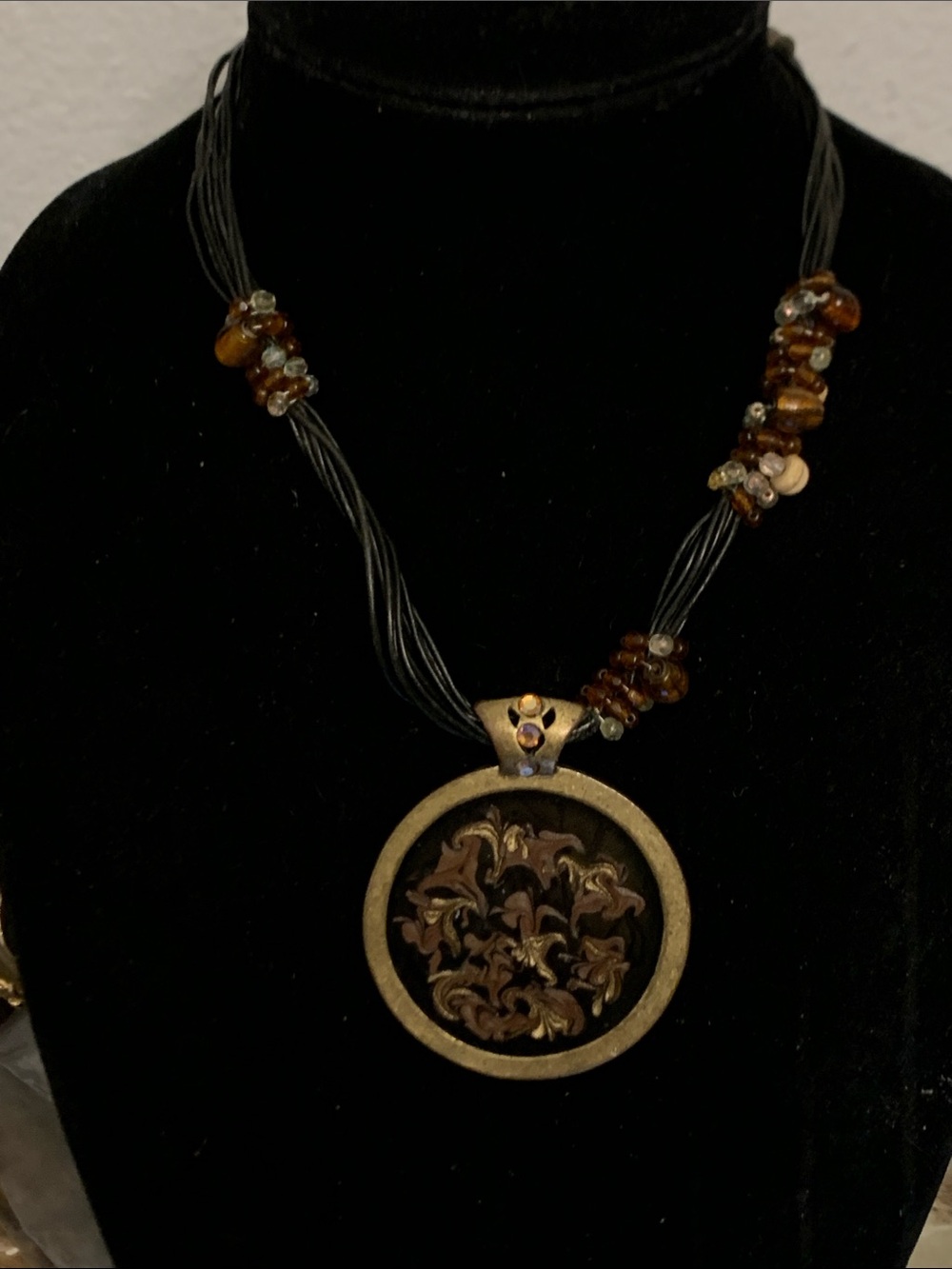 Chico's Antique Brass Amber Beads Wrapped Multi Cord Medallion pendant necklace